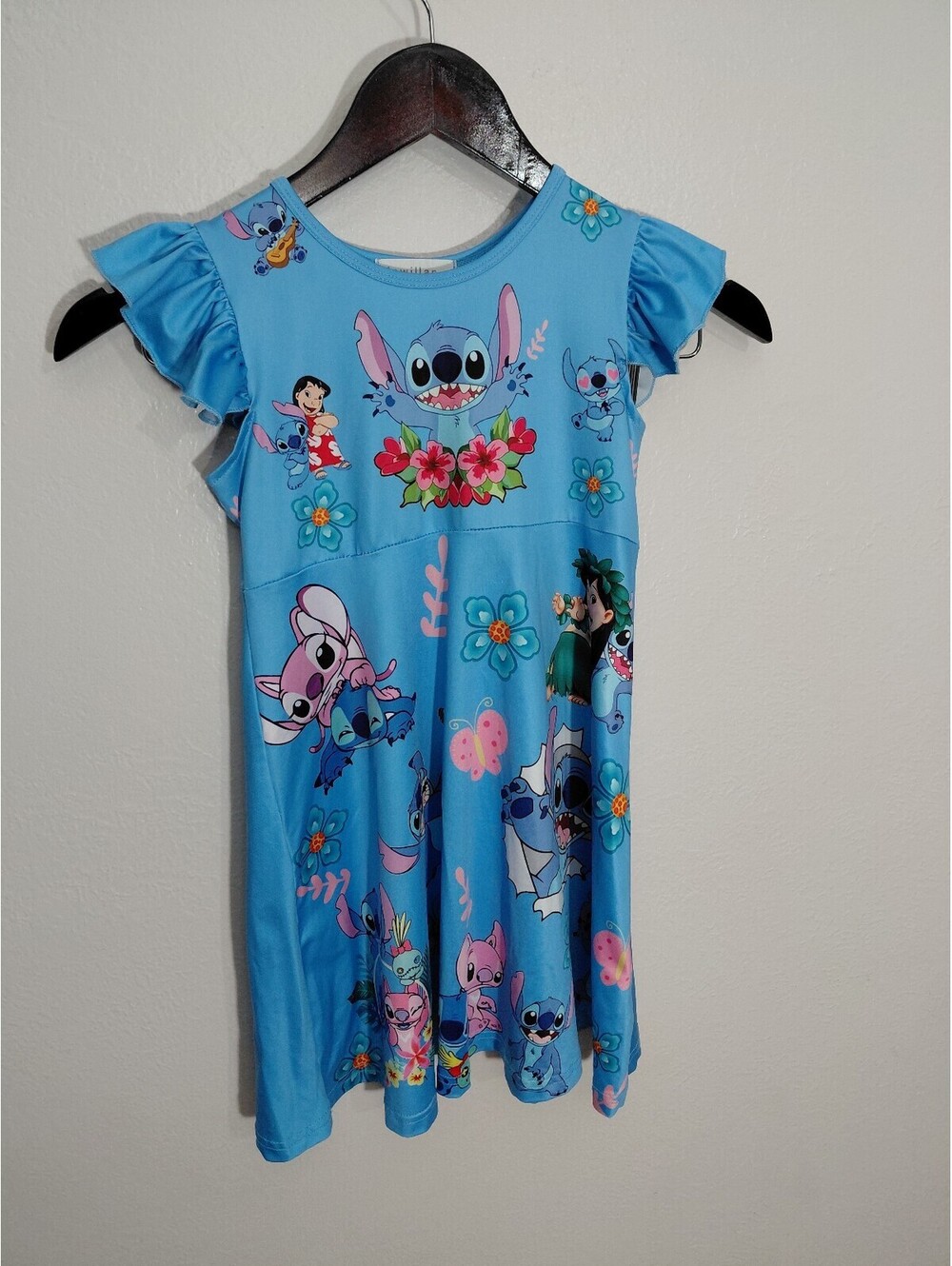 Girls' Blue Lilo & Stitch Dress with Ruffle Sleeves Size 130